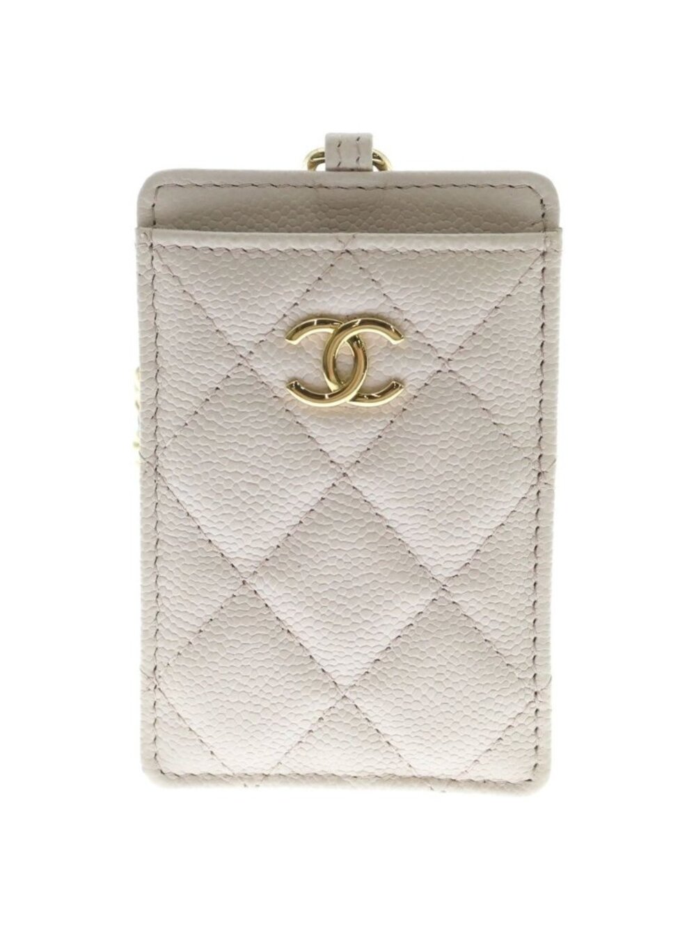 Chanel CC Logo Quilted Caviar Leather Gold Chain Card Case Pass Case Beige